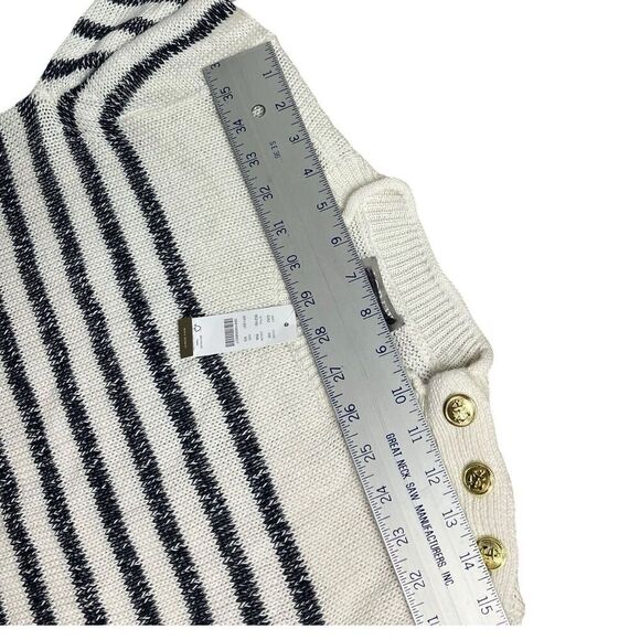 J Crew Sweater WMNS XS White Linen Blend Relaxed Beach Striped Gold Buttons - Picture 9 of 13
